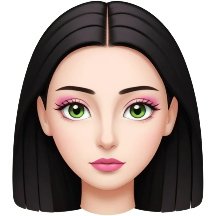 Front-facing portrait of a young woman with fair glowing skin, symmetrical features, light green almond-shaped eyes, long lashes, soft arched brows, straight refined nose, and full natural pink lips. Dark sleek hair pulled back with a middle part.  emoji
