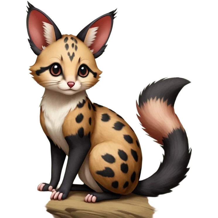 Red, black-pointed, soft natural realistic romantic vintage antique divine beautiful elegant pretty precious cute young youthful  Fakémon-Pokémon-opossum-feline-mouse-serval-caracal-chinchilla-Minccino-Cinccino-Meowstic-rodent-hybrid-creature with a big fluffy bushy tail (full body) emoji