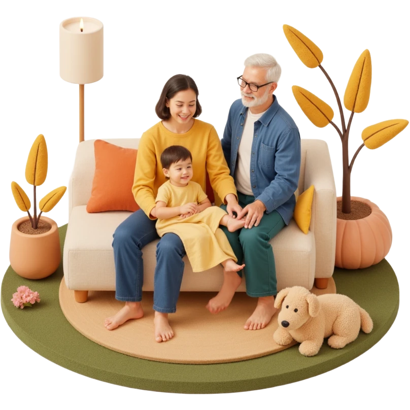 family photo featuring a multigenerational group with grandparents, parents, and child, lifelike details, warm inviting background, skeuomorphism style emoji
