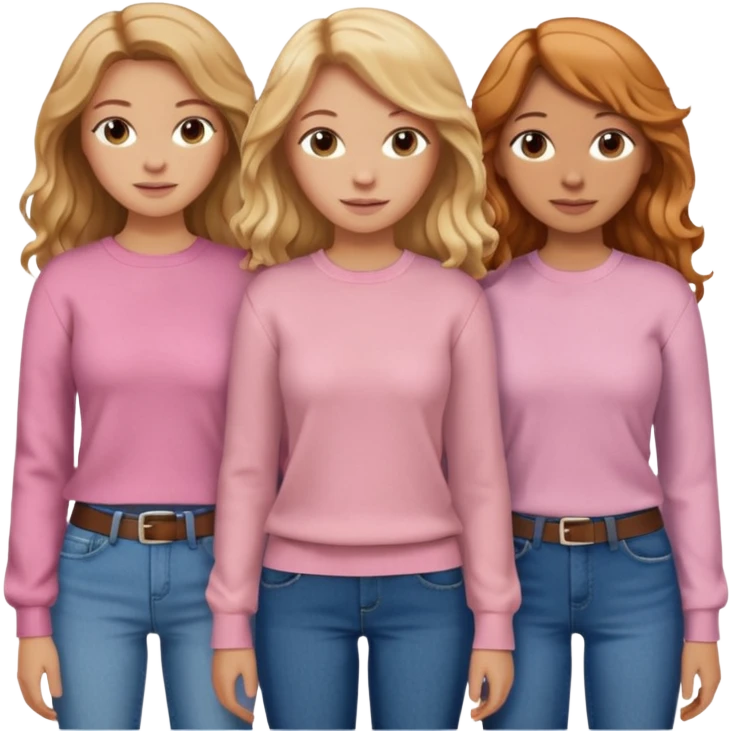 Three woman friends one with log blond wavy hair and soft pink shirt sweater and blue jeans, Theo there with ginger long hair and the other with brunette long hair emoji