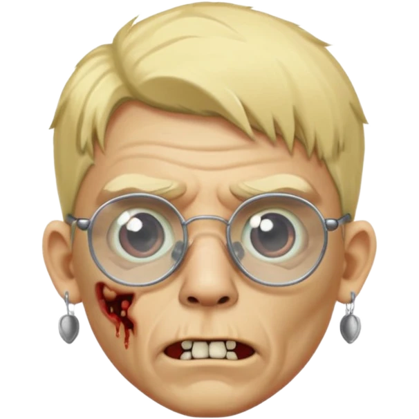 faça um homem zumbi loiro, usando óculos sem aro e com 1 brinco em cada orelha, estilo ponto de luz emoji