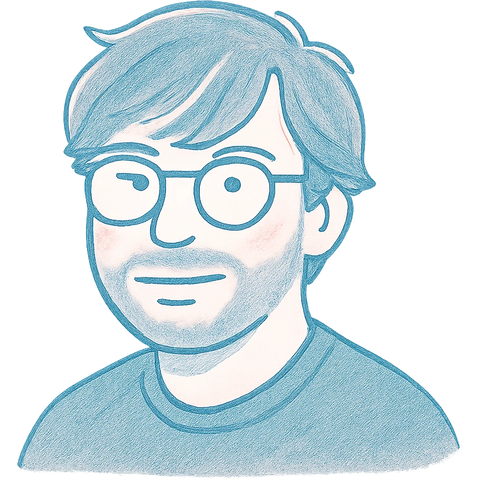 A man with round glasses, artfully messy longer hair with stylish sweeping bangs across the forehead, a round but defined face shape, and a broader nose. Use soft faded blue for outlines, subtle pink highlights on the hair and features, with gray for the short beard and shadow details. emoji