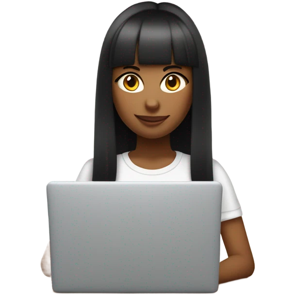 a girl with long dark straight hair and bangs working with a laptop (she is a marketer). wearing a white oversized t-shirt emoji