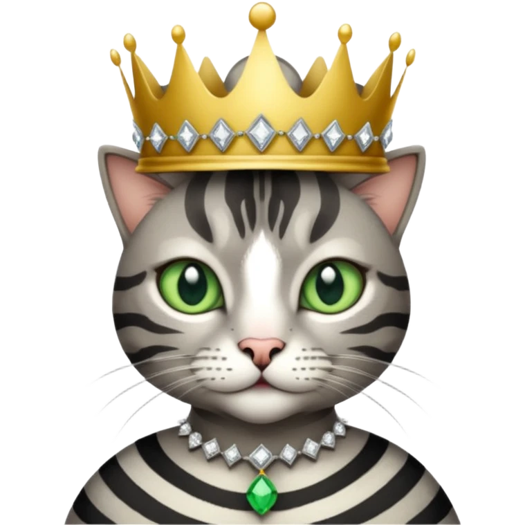 Gatito gris con rayas negras ojos verdes vestida de reina con coronas y diamantes emoji