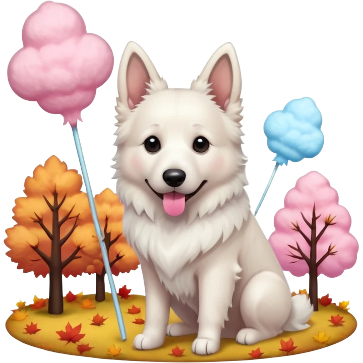 White belgian Shepard In the middle of autumn with Cotton candy  
 emoji