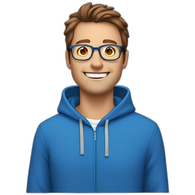 white man with brown hair and hazel eyes and glasses wearing blue hoodie feeling excited emoji