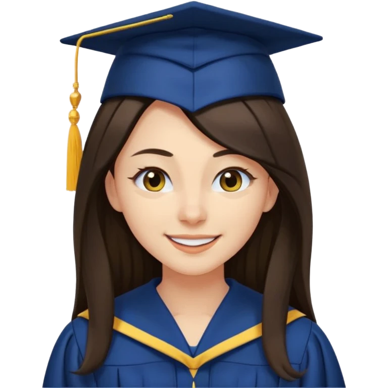 带着学士帽的，深棕色长发，黄种偏白皮肤的，高鼻梁，不戴眼镜的女博士生，在单只眼眨眼并开朗的笑，年龄26岁，学士服是深蓝色和黑领子， emoji