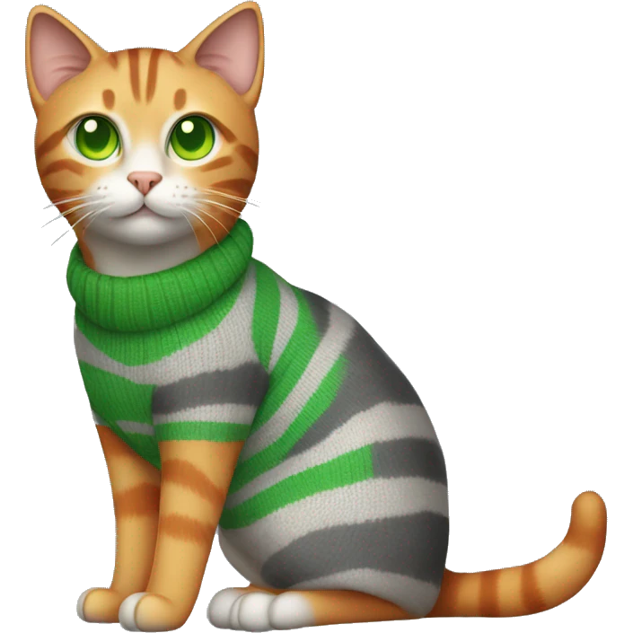 A striped grey cat with green eyes with orange sweater in full growth emoji