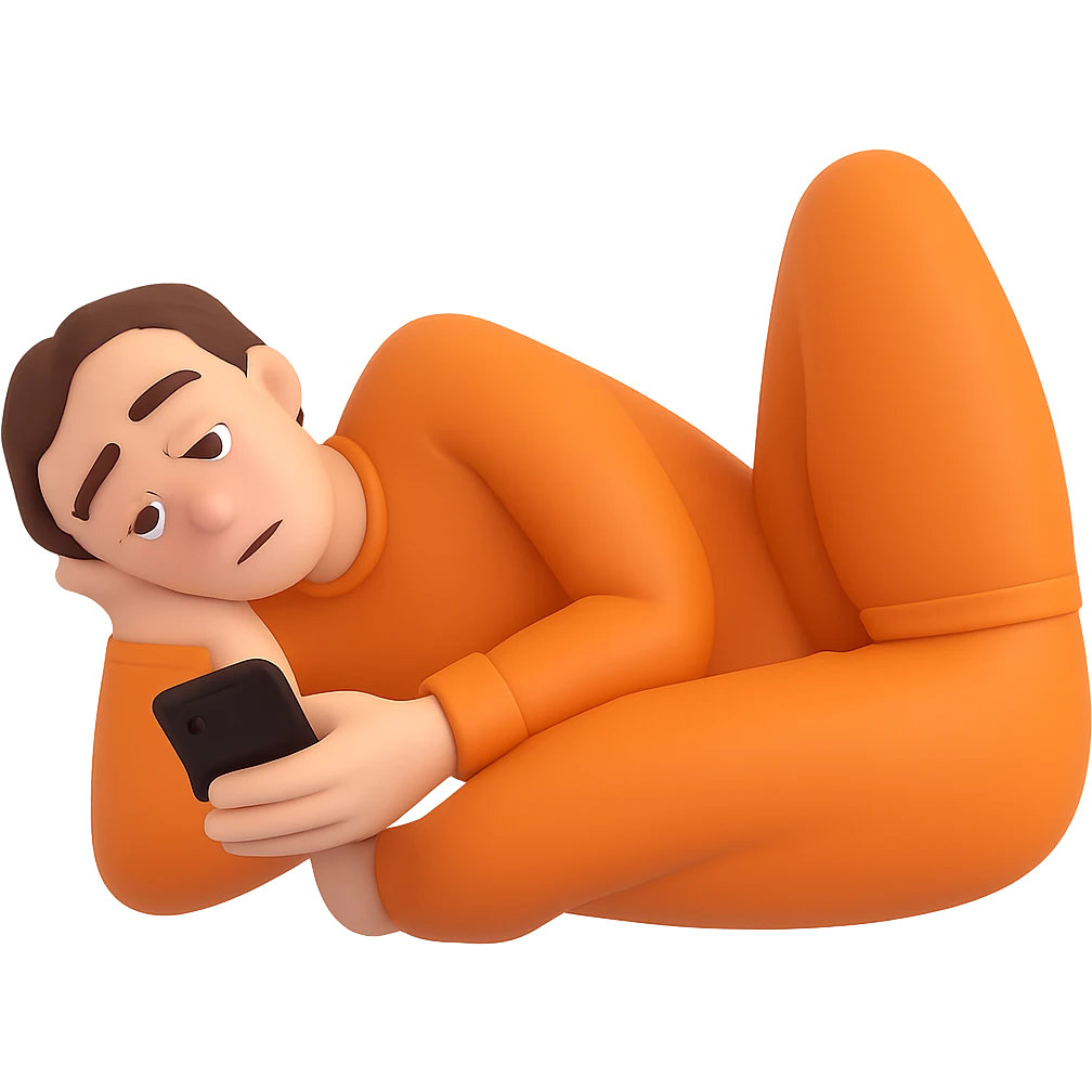 Add a phone in the hand of the emoji representing 'la flemme' (extreme laziness), keeping the heavy eyelids, slouched or lying posture, and overall tired, unmotivated vibe. Preserve the transparent background. emoji