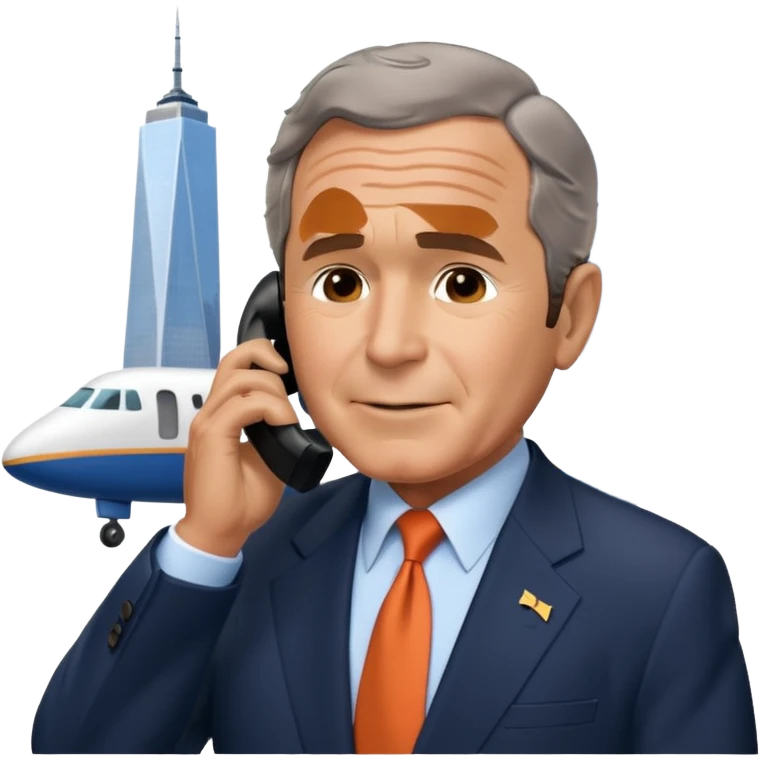  emoji of the world trade center with a plane crashed into it and george bush on a phone in front of them emoji