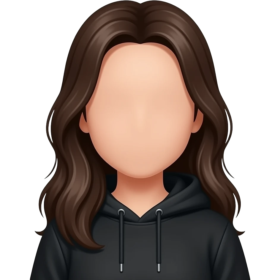 Момиче с дълга тъмна кафява коса и Бритон да не и се вижда лицето с бритончето и черно женско худи emoji