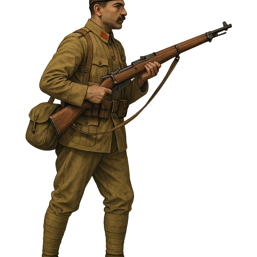 Ottoman soldier, WW1 era, holding rifle, military uniform, side view emoji