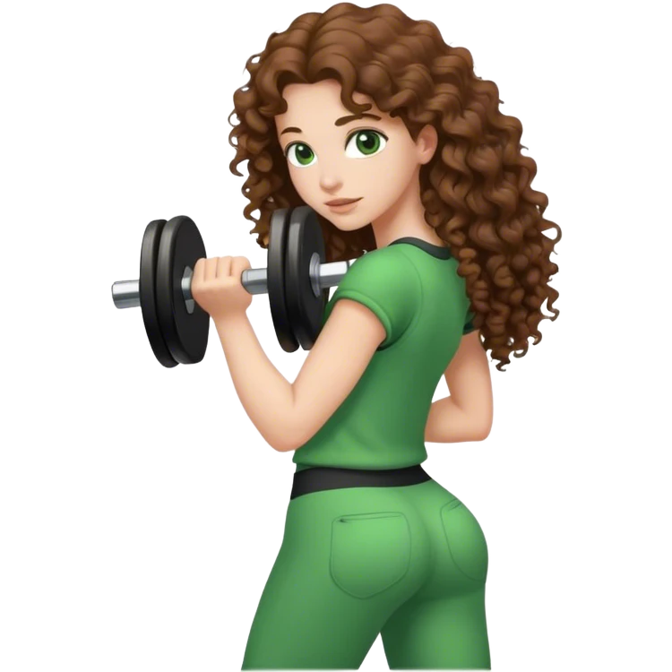 white girl with long brown curly hair in green outfit holding weight on her back emoji