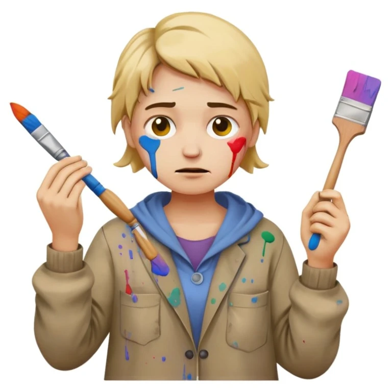 frustrated amateur painter emoji wearing oversized old clothes with paint stains everywhere, holding a bent paintbrush, paint on hands and cheeks, cluttered background emoji