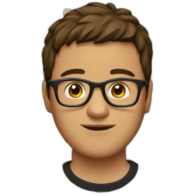 brown hair guy wearing glasses and dark t-shirt with flowers print emoji
