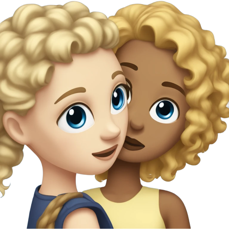 White girl with wavy blonde hair and blue eye hugging a mixed girl with a curly ponytail and hazel eyes emoji
