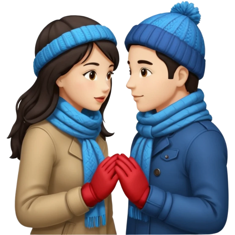 date night christmas couples, dark hair, holding hands, about to kiss each other, wearing a winter outfits emoji