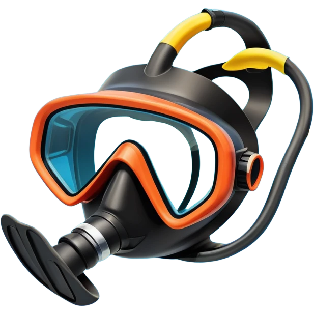 An icon featuring a close-up of a diving mask, snorkel, and fins floating on the surface of vibrant blue water. In the background, coral reefs and tropical fish create a lively underwater scene. Transparent background highlights the beauty and adventure of the diving experience. emoji