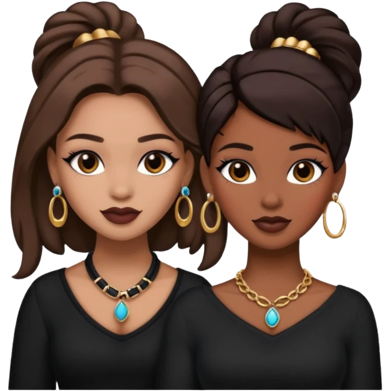 Boujy baddie best friends, trendy heavy makeup both dark hair one light skinned and one mocha brown pretty hair style both wearing black and earrings and necklace one mocha brown skin emoji