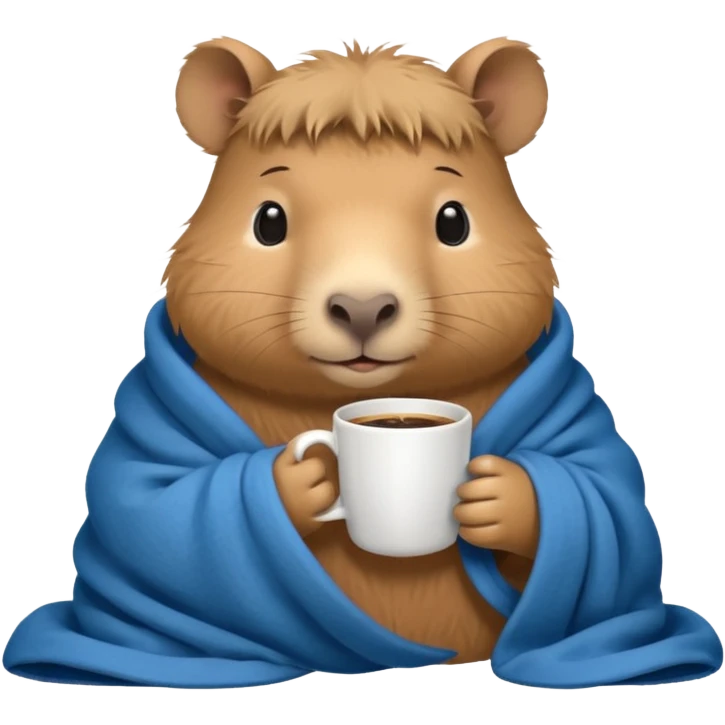 baby capypara in cozy blanket, drink coffee emoji