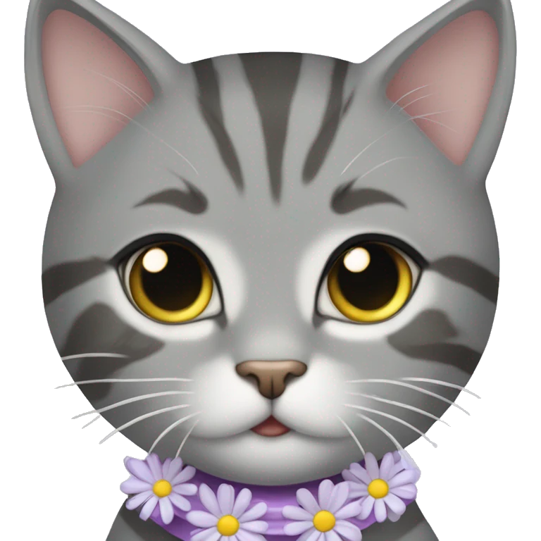 Beautiful girl grey tabby cat with lilac collar with a daisy pendant emoji