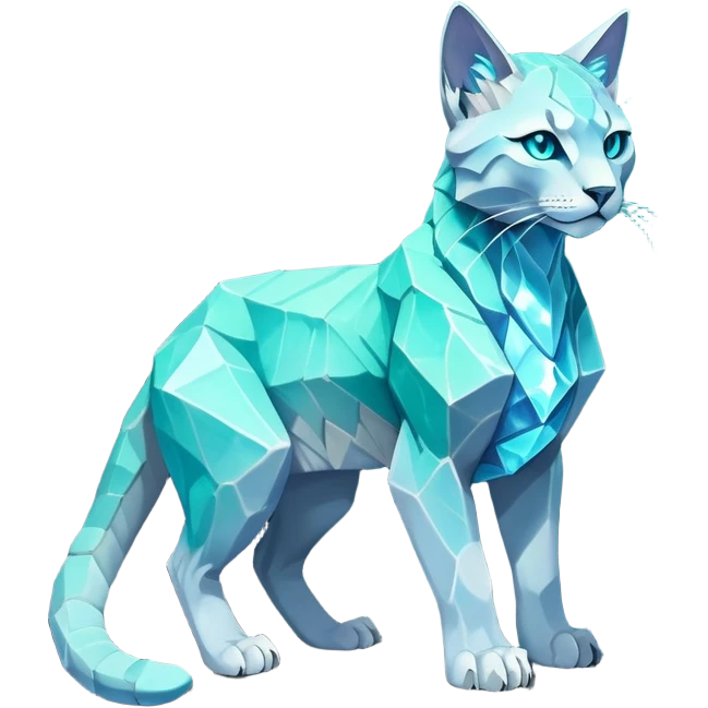 This fascinating hybrid creature combines the rocky ferocity of Boulderbite with the mystical elegance of Etherfeline. The result is a creature with a core body composed of angular, faceted stones in varying shades of turquoise and gray. From the cracks between these stones emanates a soft blue ethereal glow. It has the general shape of a feline, but with crystalline rock formations creating its limbs and body. Its large, expressive eyes feature purple irises with amber outer rings, giving it a hypnotic gaze. The creature sports pointed ears lined with purple crystal formations, and a tuft of blue flame-like energy flows from its head and along its spine. Its tail is a flexible chain of smaller rocks wrapped in the same ethereal blue energy. When it opens its mouth, sharp crystalline teeth are revealed, though its expression is more mysterious than threatening. Small whisker-like energy tendrils extend from its muzzle, occasionally emitting tiny ice crystals. full body emoji