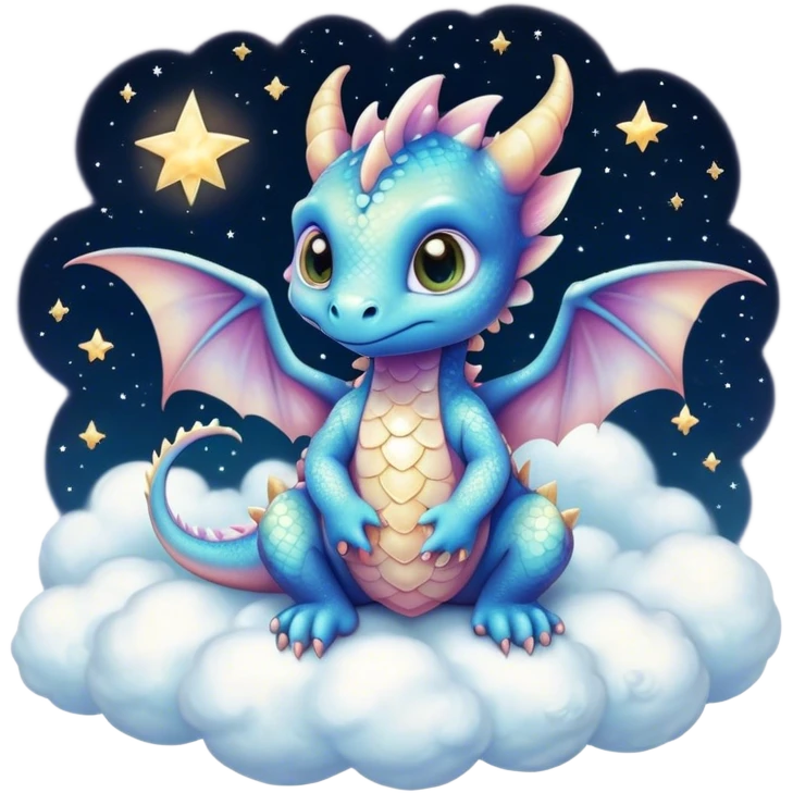 Airbrush painted image of an adorable little baby dragon with large glistening eyes sitting on a cloud under a deep galactic sky with pearlescent scales and wings spread against the stars emoji
