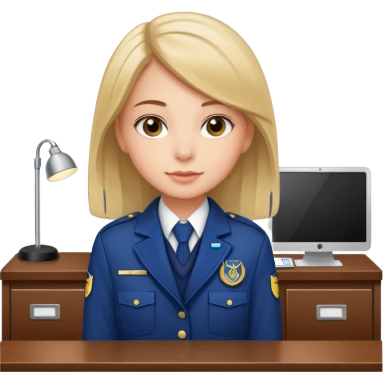 Reception Young girl, straight hair, wearing uniform jacket with hotel name badge, tasteful scarf, stand behind the desk

 emoji