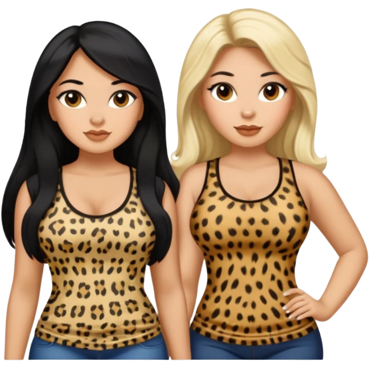 Tan Latina woman with long black hair chubby and black woman with long blonde hair slim thick in cheetah top sexy emoji