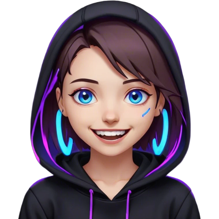 a girl with a brown bob and blue eyes in a black hoodie laughs and holds her head Cyberpunk style. Violet neon. emoji