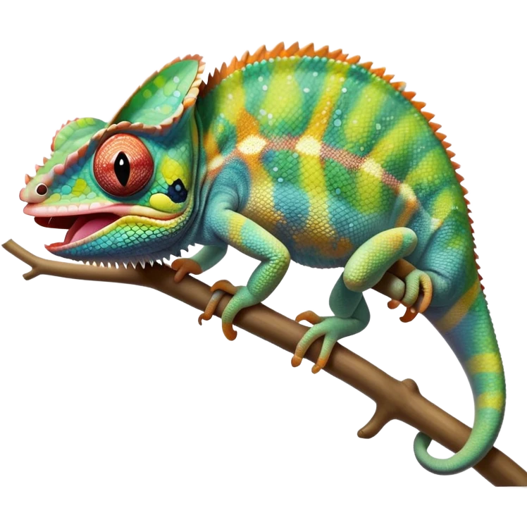 cinematic cute -chameleon-realistic emoji, mouth wide open with tongue out catching prey, -blending-with-vibrant-greenery.-detailed-scales-in-shifting-colors,-showing-the-chameleon’s-ability-to-camouflage.-soft-natural-light-highlights-its-texture.-light-background, zoomed into its face emoji