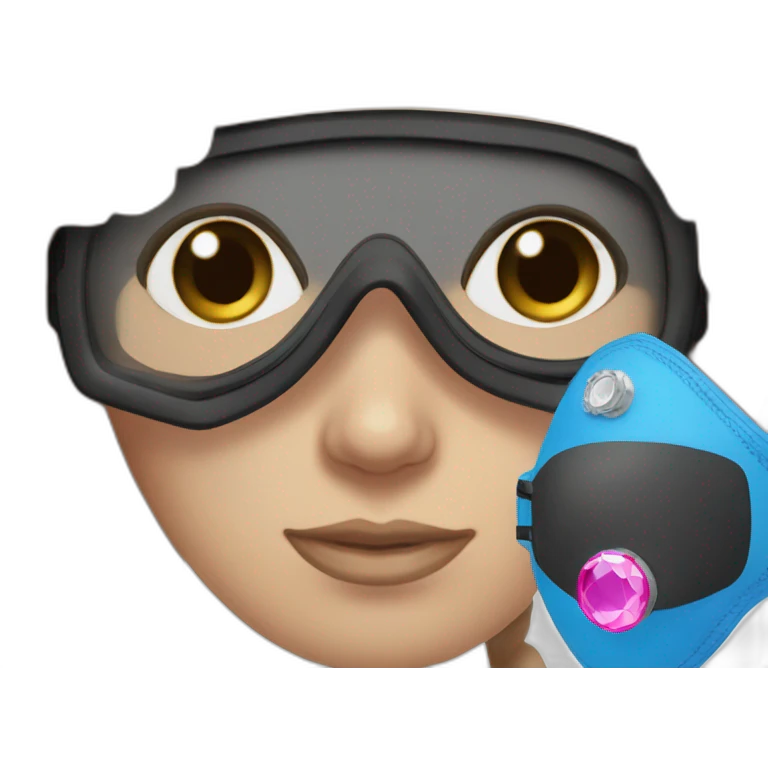 woman large brown and straight hair, pink diving mask with a single crystal. blue eyes, black scubadiving gear emoji