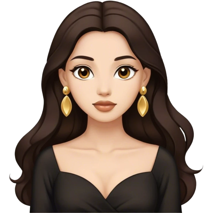 Beautiful woman,cute, long dark brown hair in dark dress with gold earrings emoji