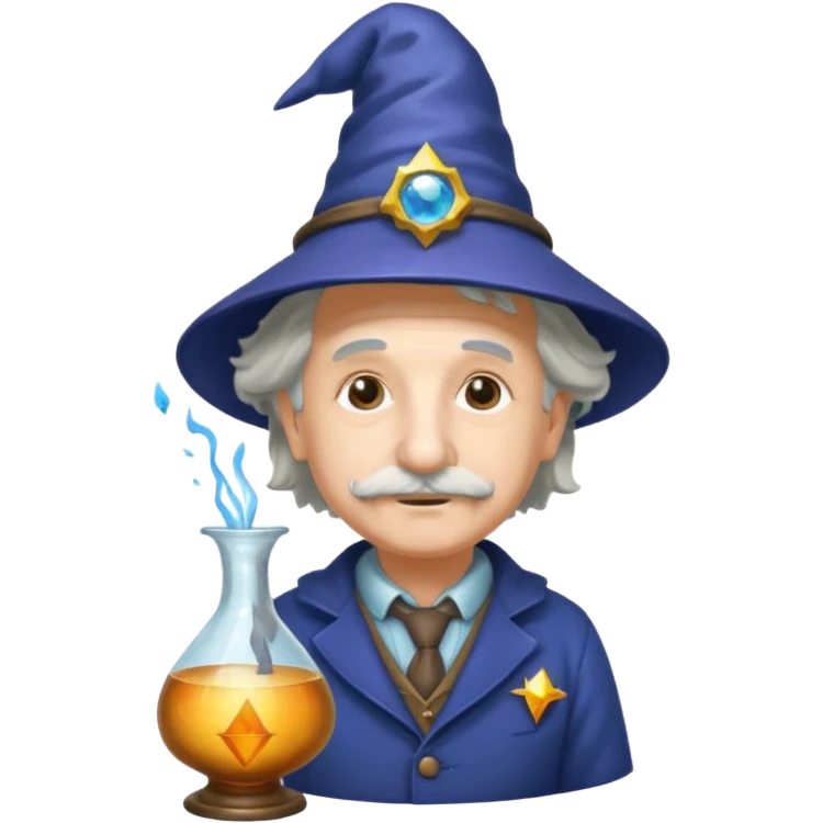 Albert Einstein, wearing wizard hat custome, with glass vase emoji