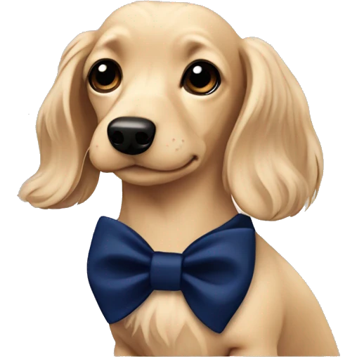 Cream Dachshund long haired wearing a navy blue collar with a navy blue bow on the collar emoji