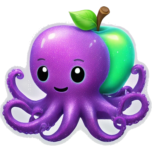 Neon glitter kawaii octopus holding neon apple  emoji