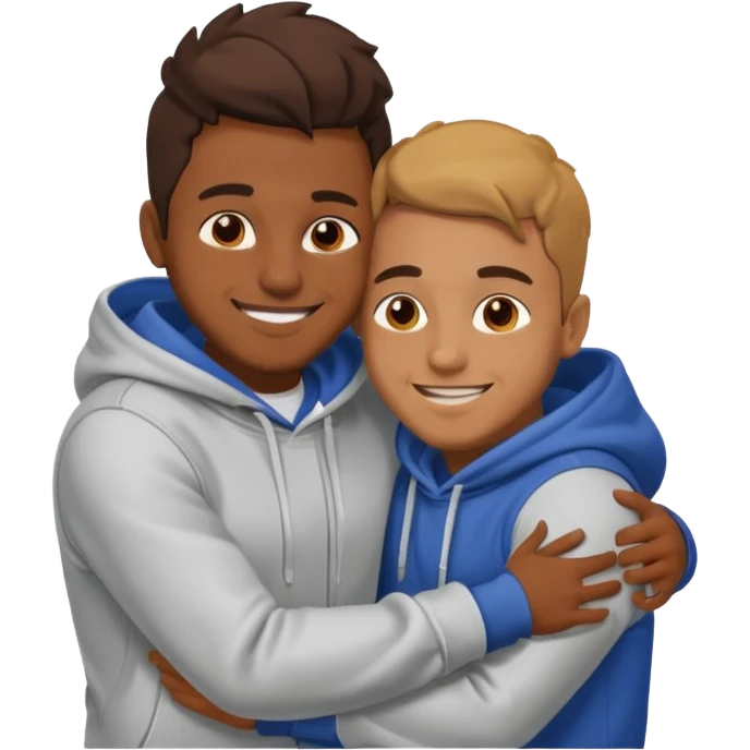 two happy brown skin guys hugging, in hoodies emoji