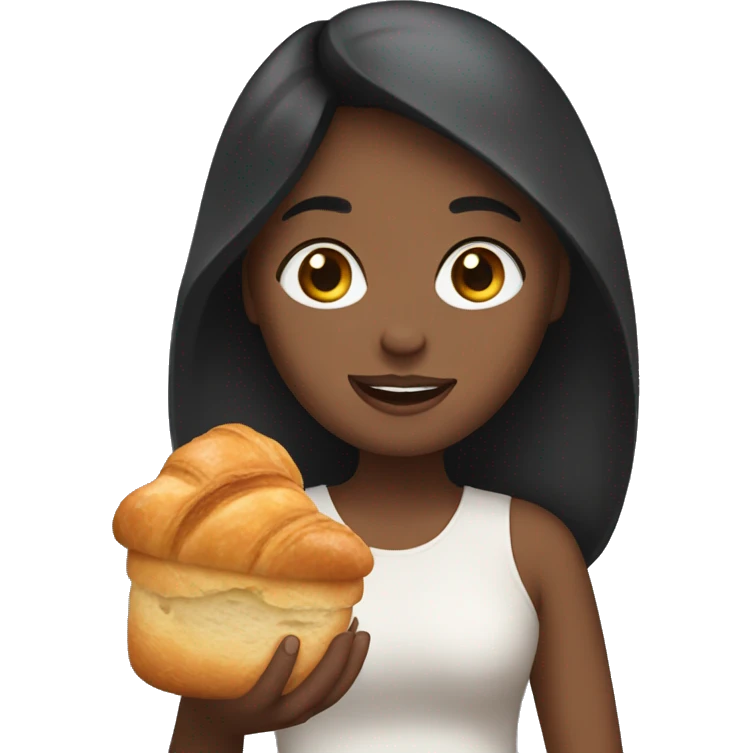 girl with dark hair holding a croissant emoji