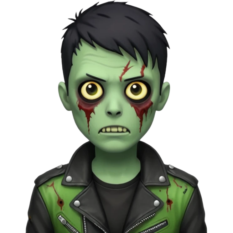Hombre zombie de piel verde con chaqueta de cuero punk, pelo corto negro emoji