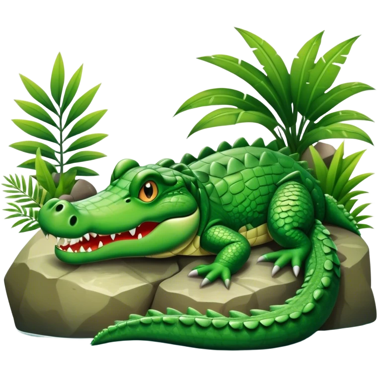 Crocodile resting, surrounded by rocks, water, and tropical plants. The green scales of the crocodile glisten under the light, with its sharp eyes focused ahead. The background features a naturalistic habitat with plants and water, giving it a lifelike feel. emoji