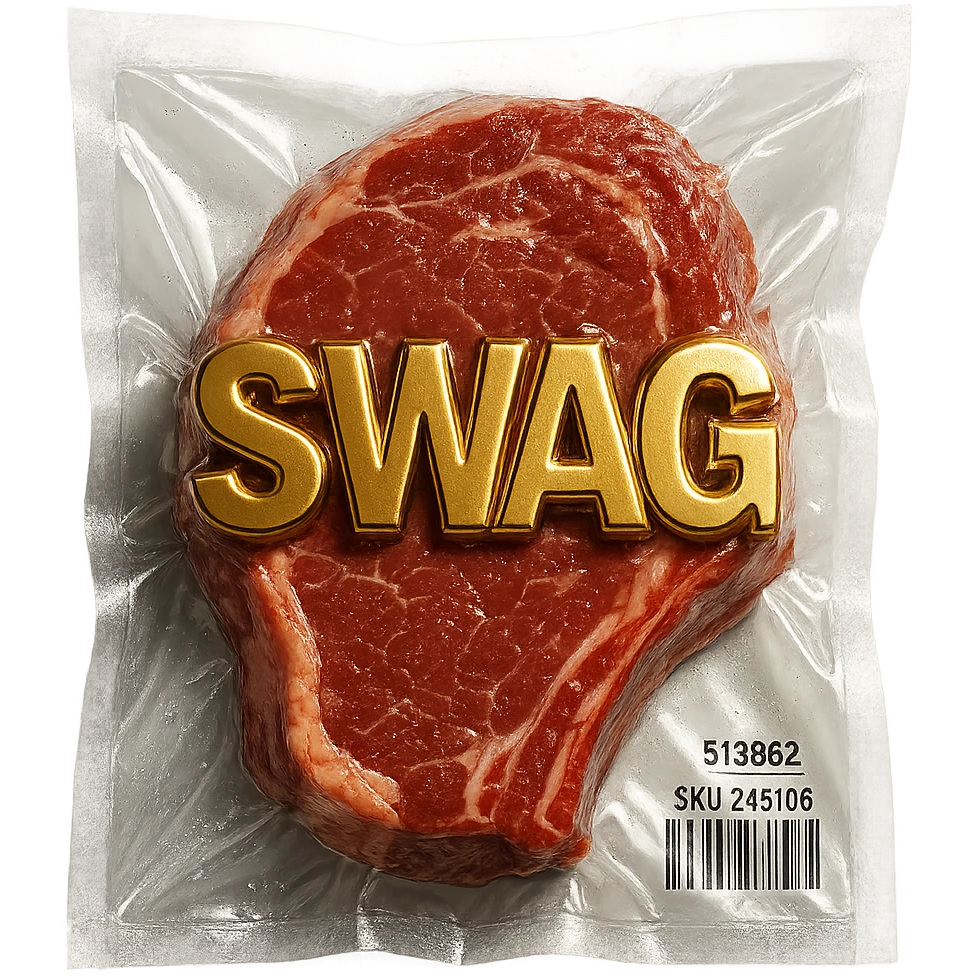steak with gold 3D 'SWAG' text, extra shiny emoji