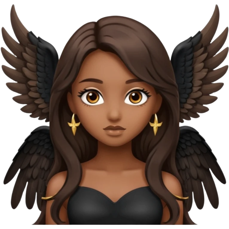 A girl has brown eyes with smoky eyes, brown long glam hair, wearing big black angel wings emoji
