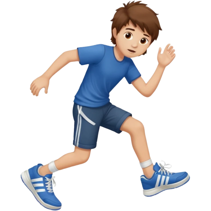 boy with messy brown hair bringing his foot closer emoji