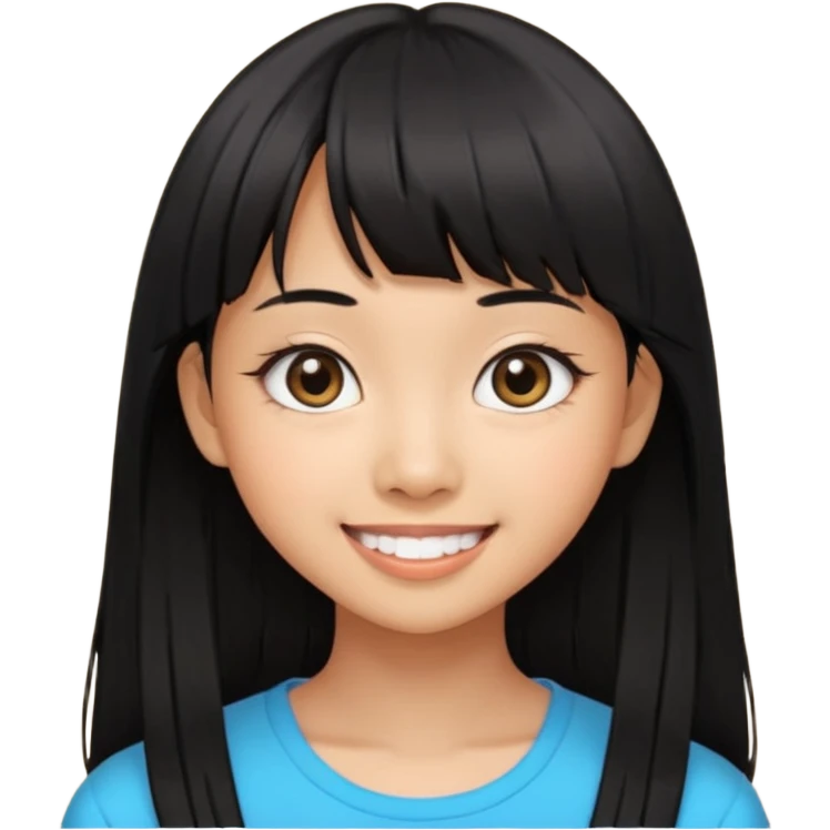 20 yr old asian woman hair  center part big eyes big smile tanned skin straight black hair center part hair long bangs emoji