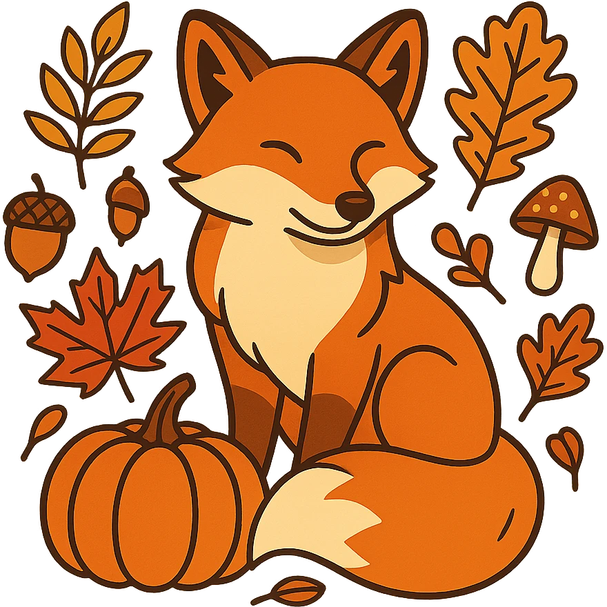 t-shirt design, vector illustration of a fox surrounded by autumn elements (fallen leaves, acorns, mushrooms, pumpkins), warm autumn color palette (orange, red, yellow, brown), clean bold lines, detailed but stylized, centered composition, no background, isolated graphic, modern flat style emoji