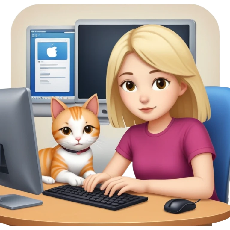 A girl is working in front of a computer, and a cat is lying next to the computer emoji