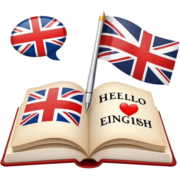 An icon featuring an open book with English words and phrases, a speech bubble with 'hello', and a British flag. The design includes a pen, alphabet letters, and grammar symbols, symbolizing the study and mastery of the English language. Transparent background. emoji
