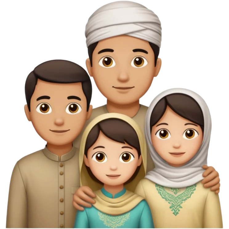 Lebaran. Keluarga terdiri dari Ayah, ibu, dua anak laki-laki dan yang paling kecil seorang anak perempuan. Tulisan : Selamat Lebaran  emoji