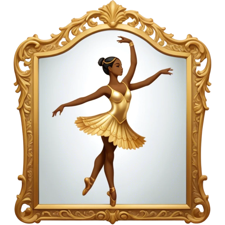 Cinematic Realistic Mirror, a large, ornate mirror reflecting a dancer’s poised silhouette, soft golden light creating depth, slight smudges on the glass adding realism, glowing with a timeless and artistic presence. emoji