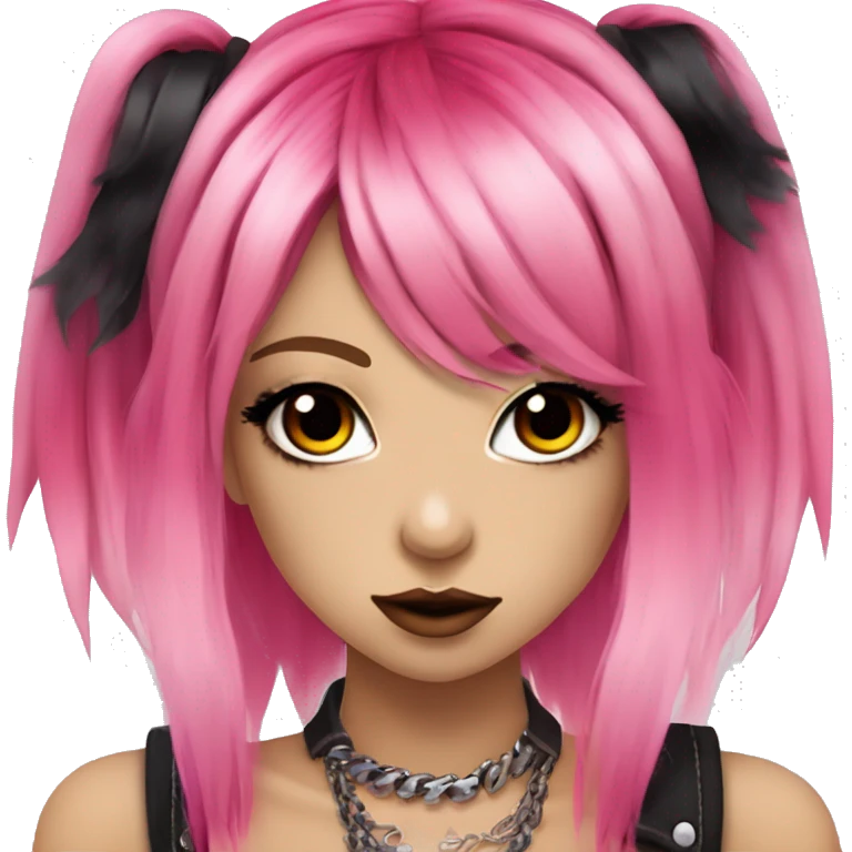 hime gyaru girl, hot pink and red split-dyed hair, dark makeup, punk clothes emoji